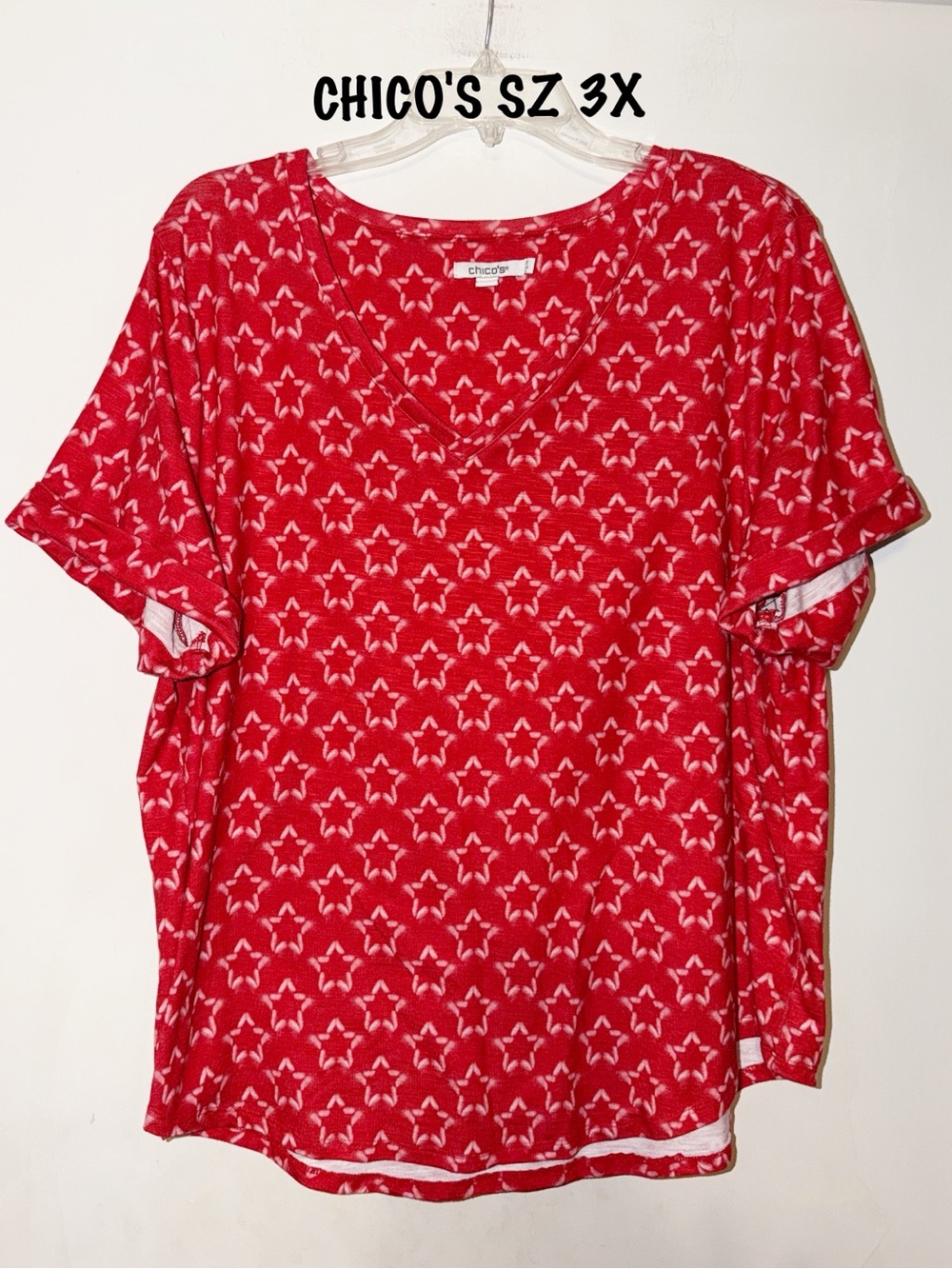 Chico's Red Star-Pattern Short Sleeve V-Neck Tee 3X